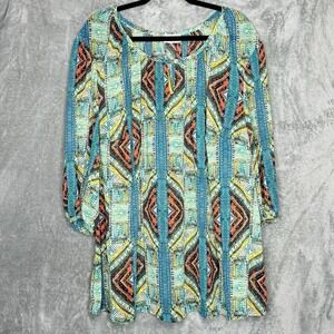 Vicki Wayne 3X Top Shirt Blue Abstract Scoop Neck  3/4 Sleeve Boho Sheer Womens